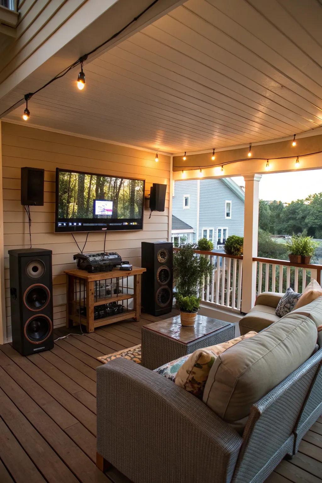 Partake in amusement gracing your porch inclusive of a television setup.