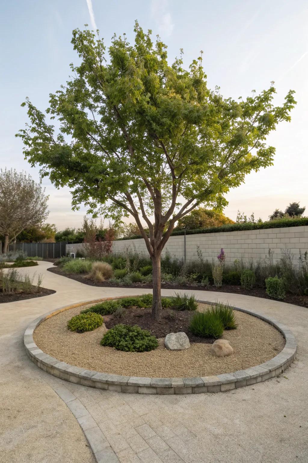 Enhance tree features with elegant finely crushed rock circles.
