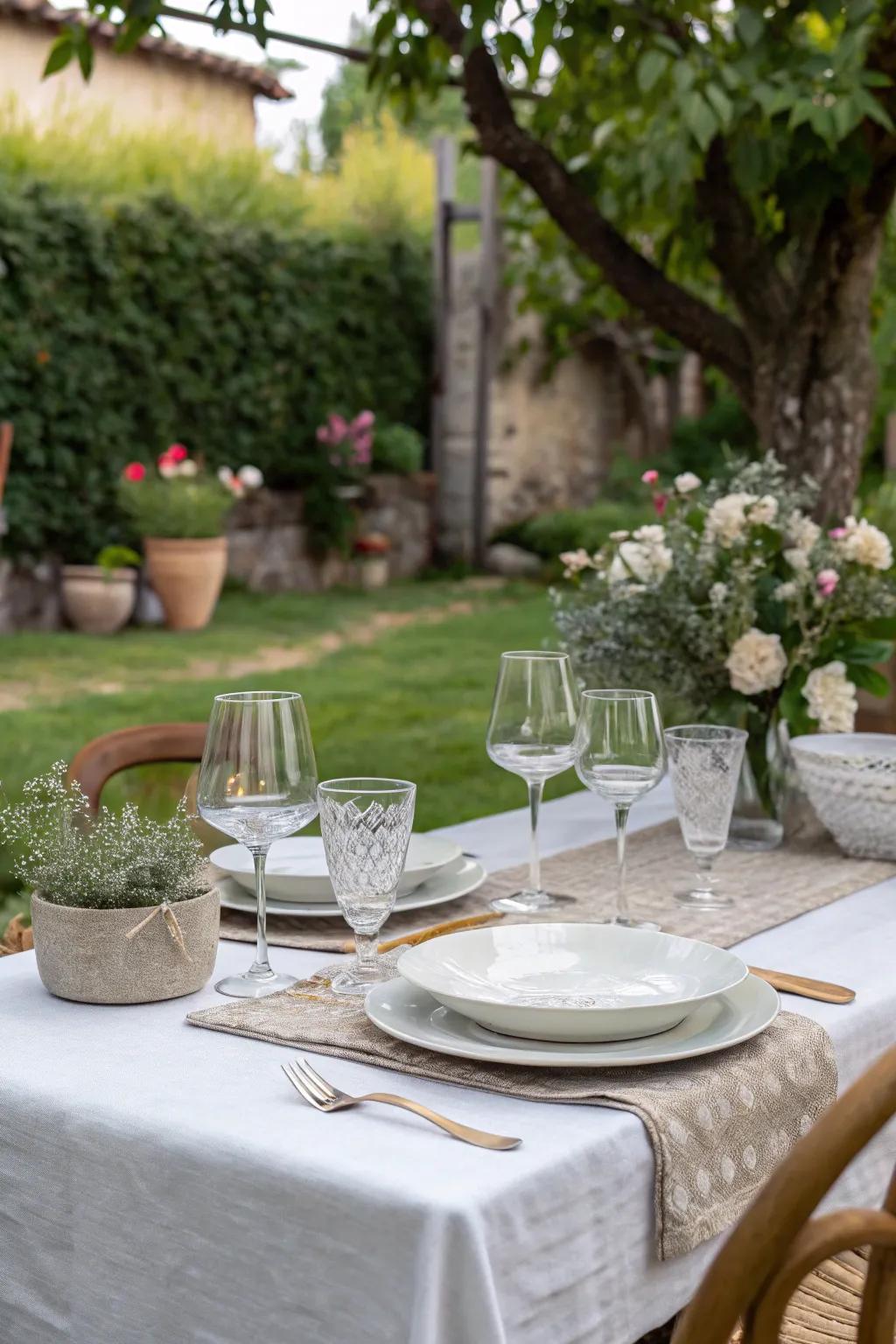 Elegant glassware introduces a hint of class to dining in the open air.
