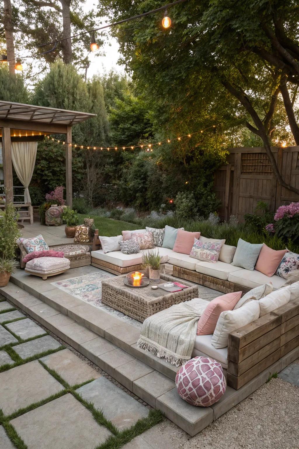 A sunken lounge entices relaxation and intimate get-togethers.
