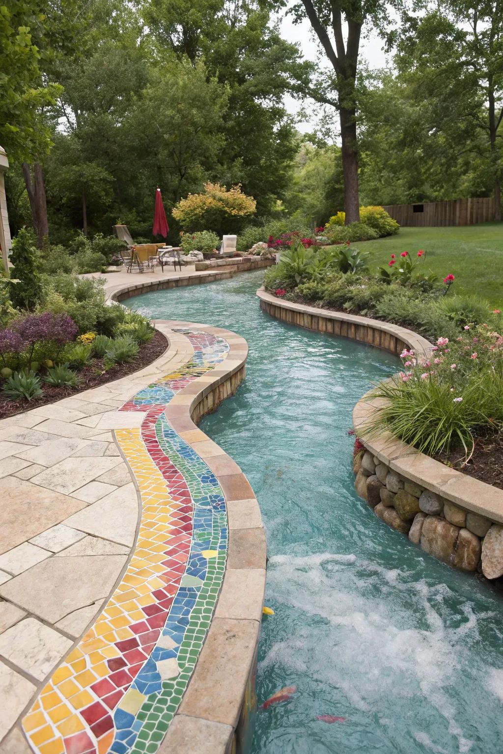 A vibrant meandering pool with attention-grabbing mosaic tiles.
