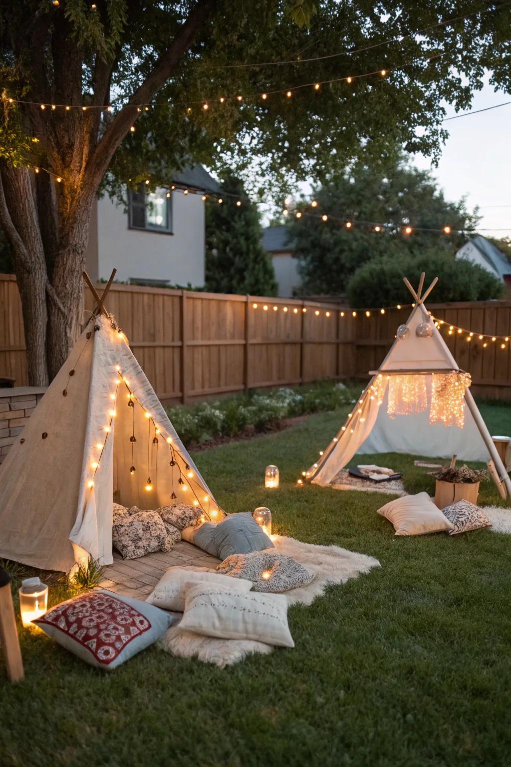 Wigwam tents forge a cozy and enchanting atmosphere for movie viewing.