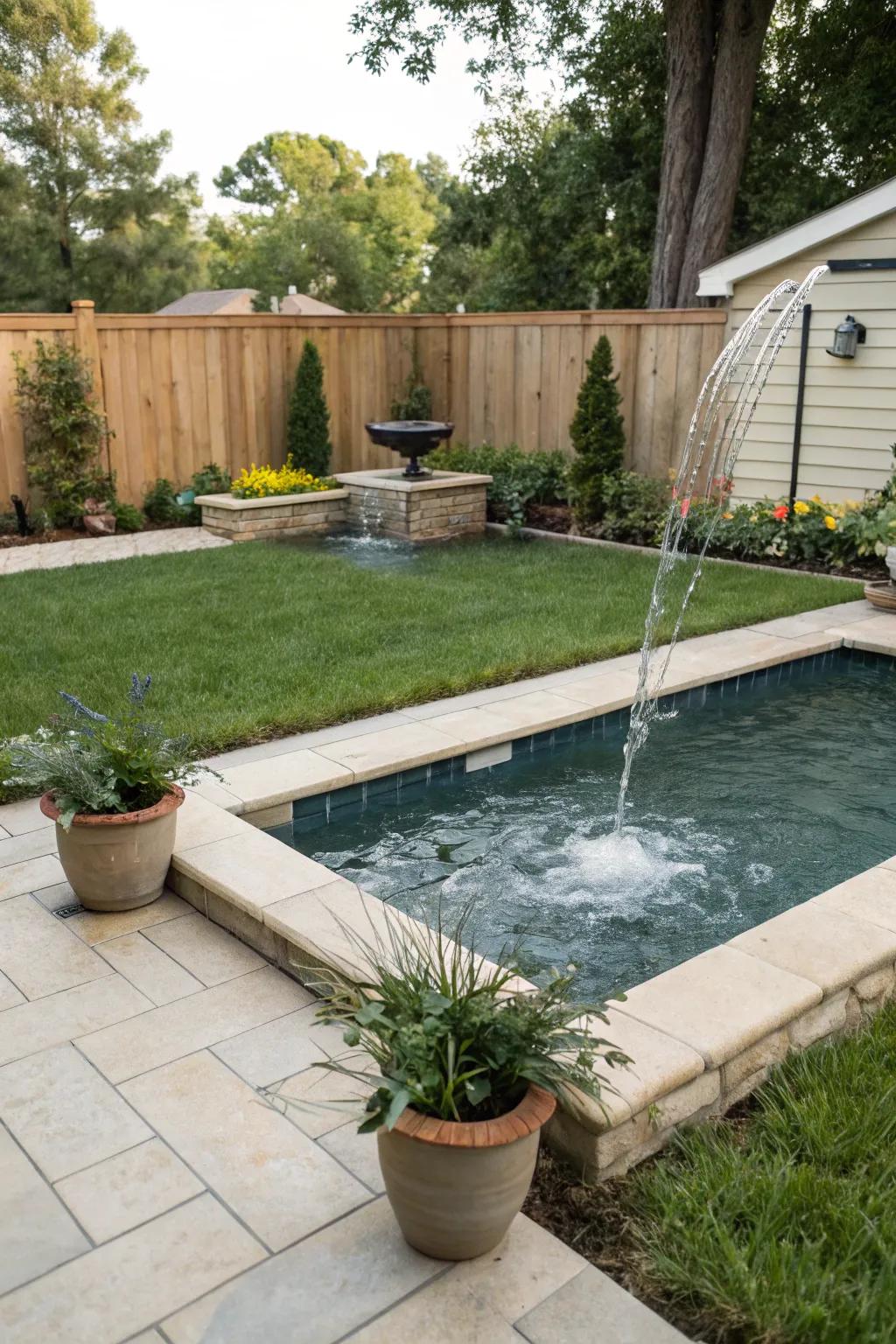 A backyard pool enriched with a soothing fountain feature.