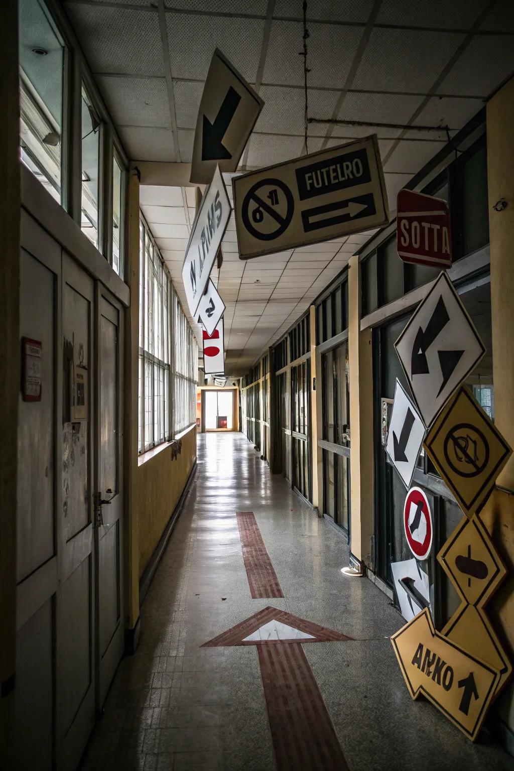 A hallway exhibiting several signs that deliver contradictory commands.