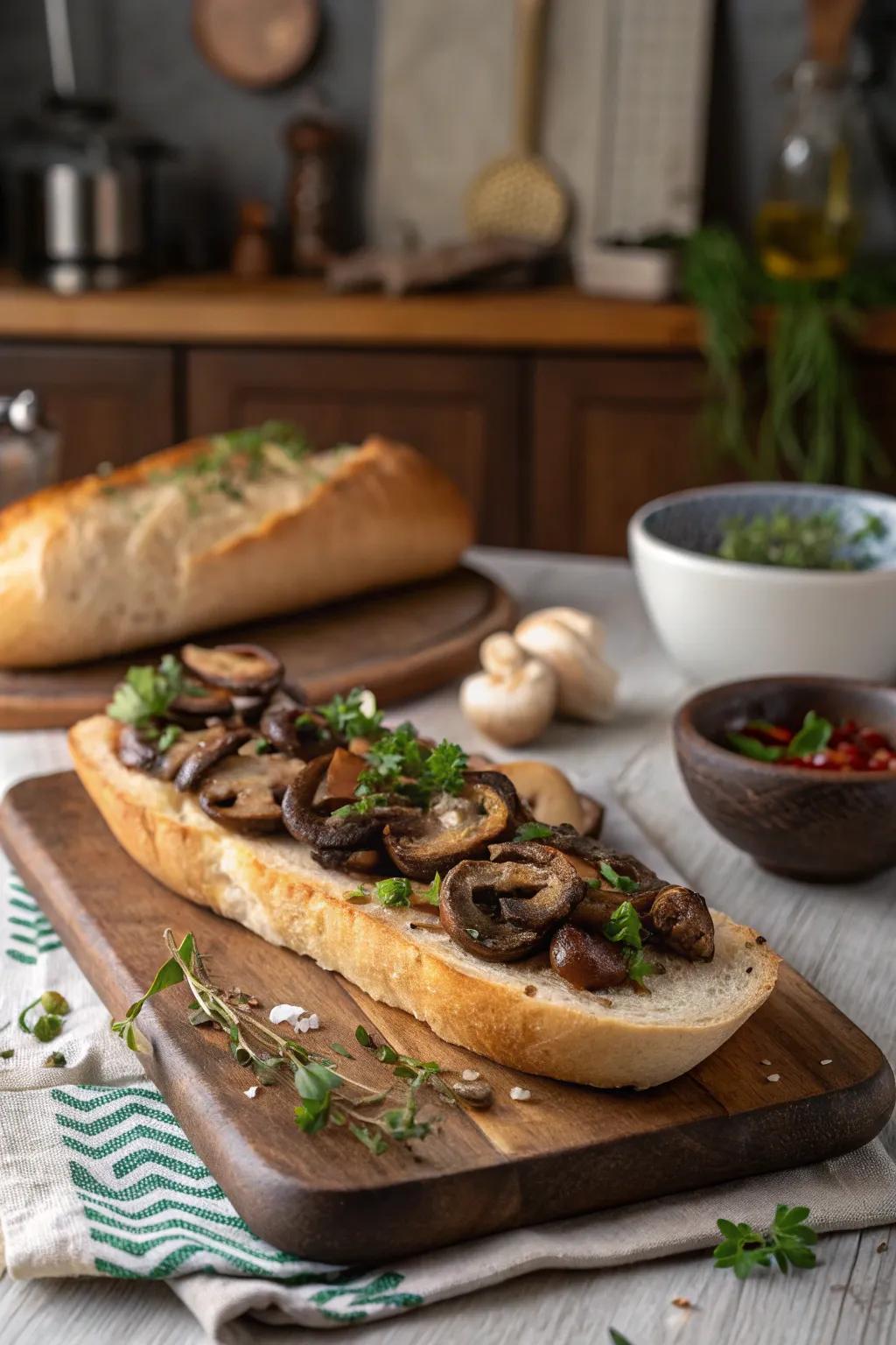 An earthy fungus assortment on a baguette, ideally suited for wine fusion.