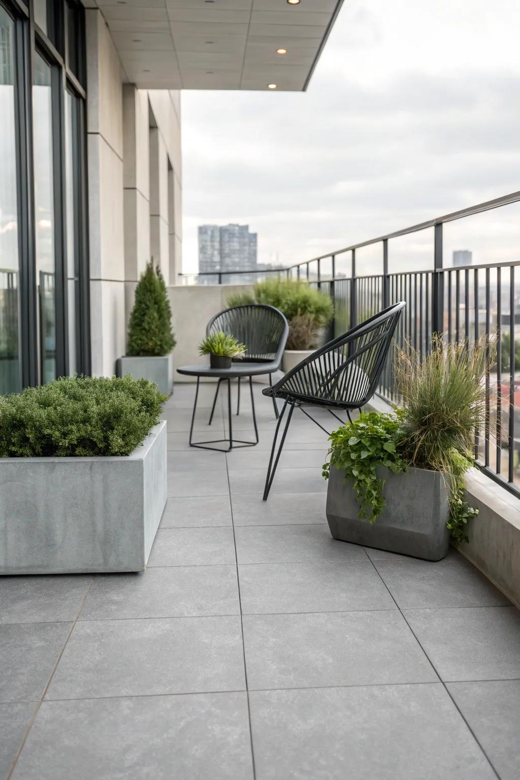 Cement-look flooring adds a metropolitan edge featuring a sleek, contemporary finish.