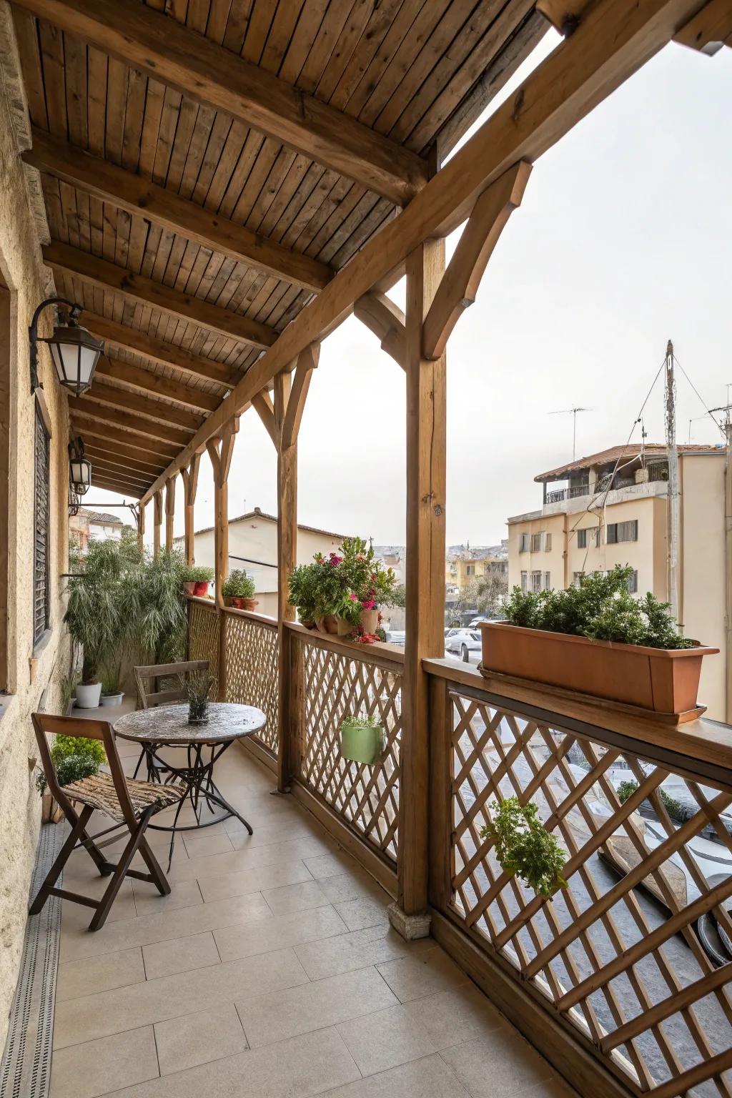 A cozy balcony shaded by a rustic wood frame.