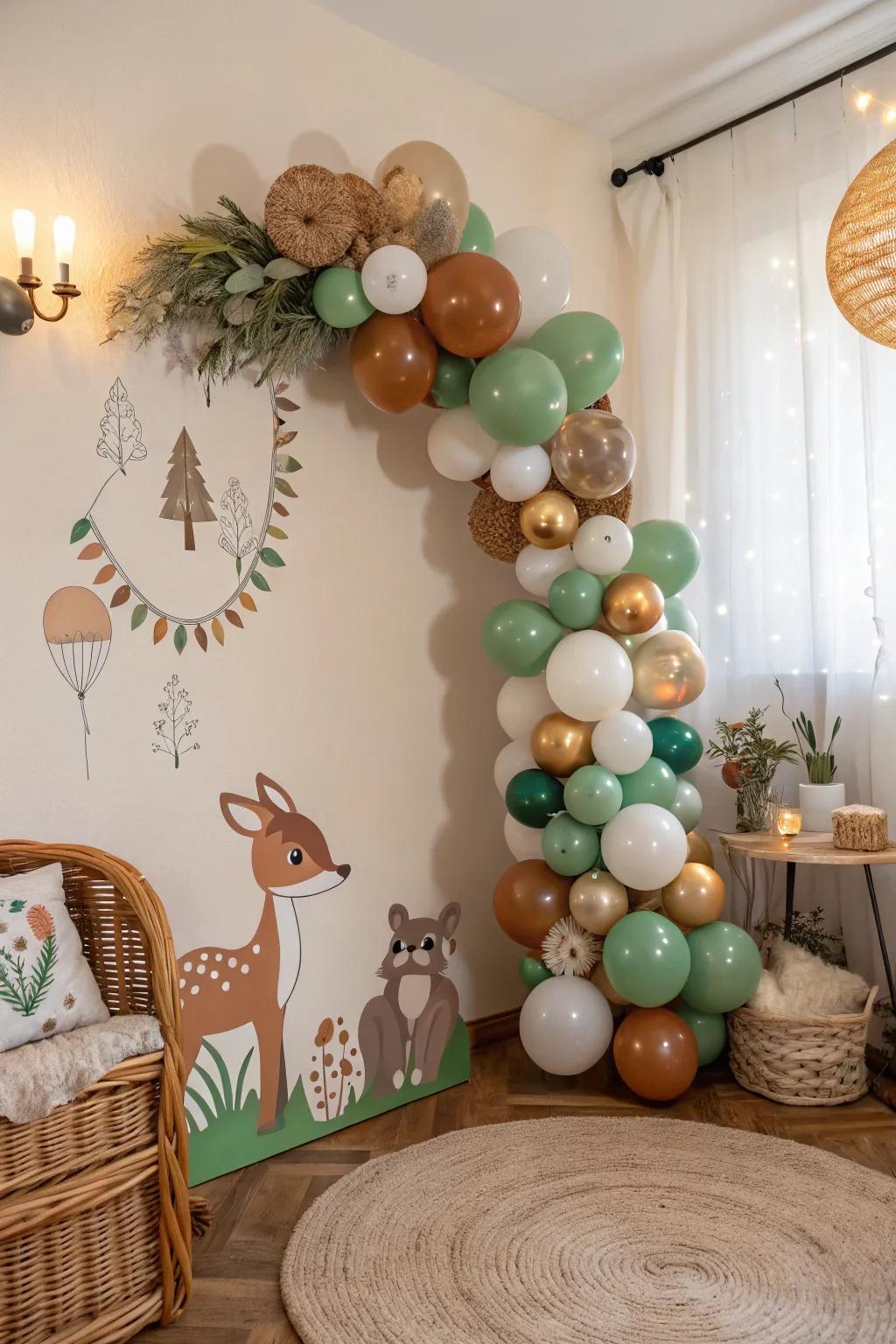 Woodland balloon garland for a magical setting.