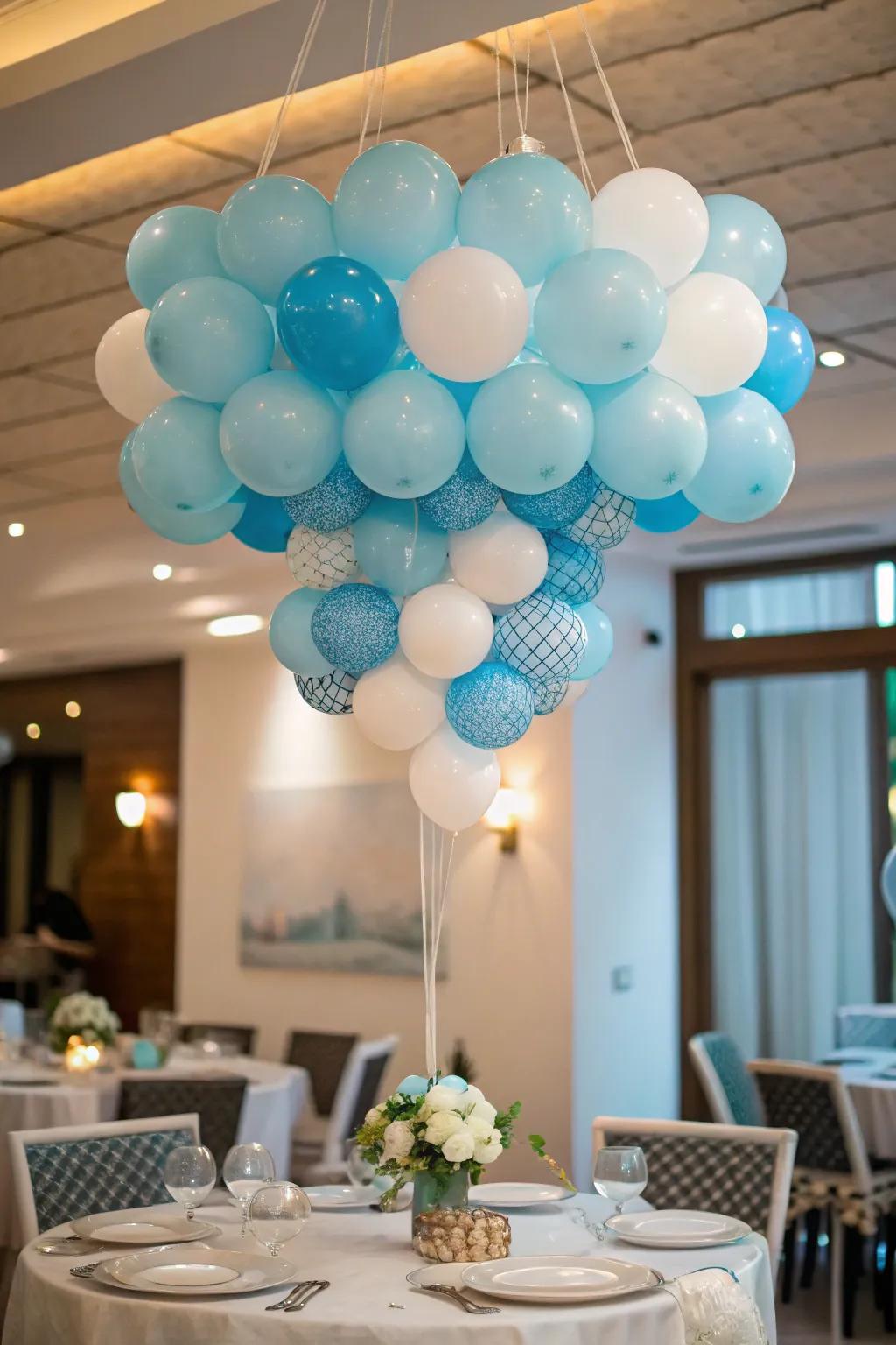 A magical balloon chandelier casting an enchanting atmosphere over a dining space