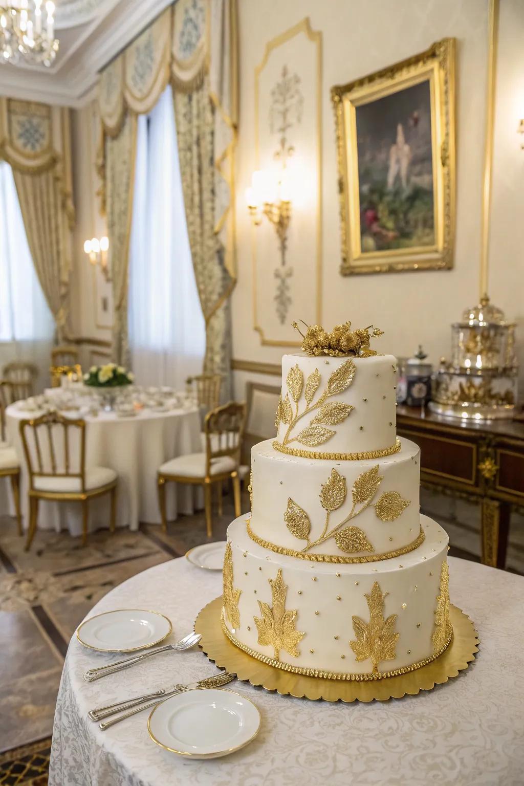 A lavish cake featuring gilded accents designed to instill a touch of refinement.