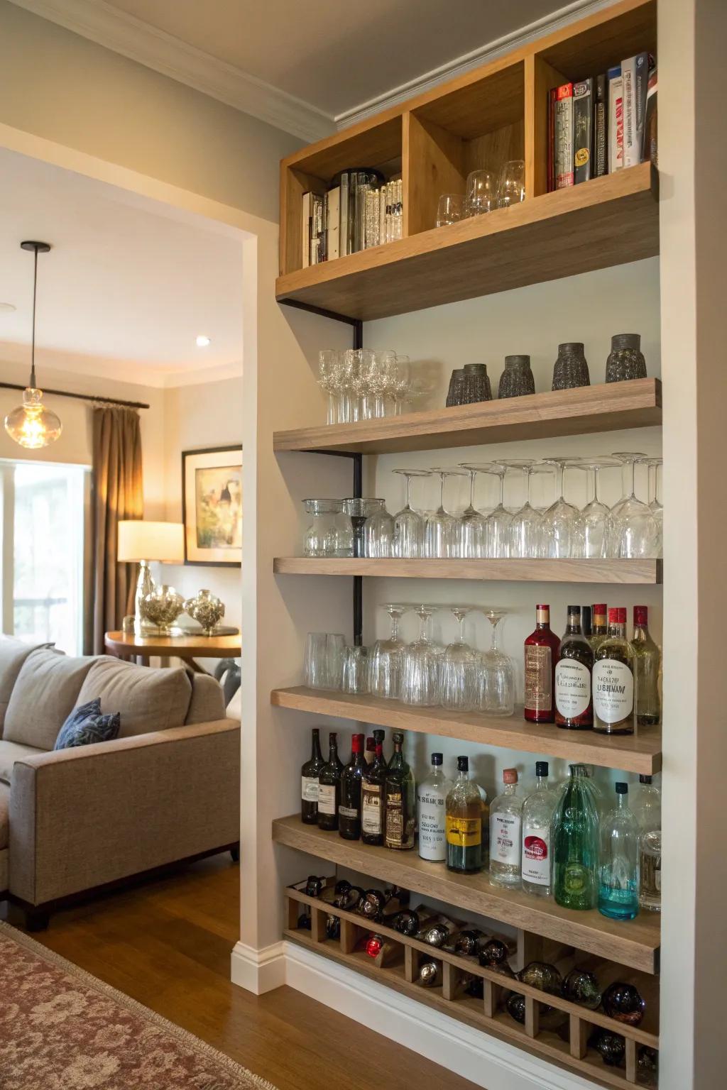 Staggered level fixtures maintain your bar necessities organized.