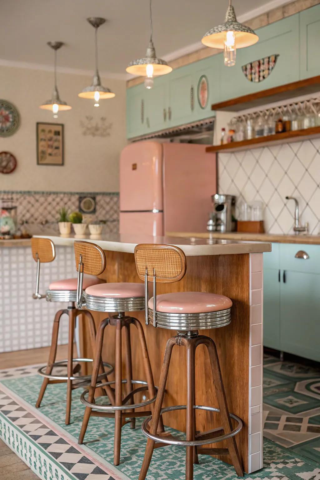 Vintage bar stools bring a nostalgic touch.