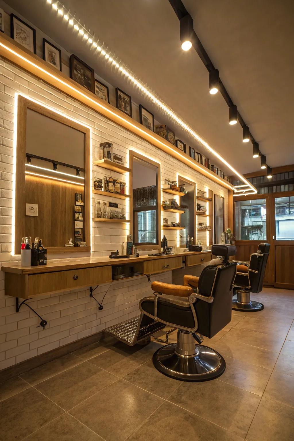 Subtle LED ribbon illumination injecting modern elegance into a barbershop.