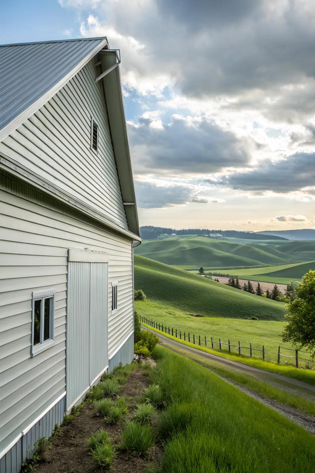 A barn is wrapped in versatile vinyl siding, providing a clean and refined appearance.