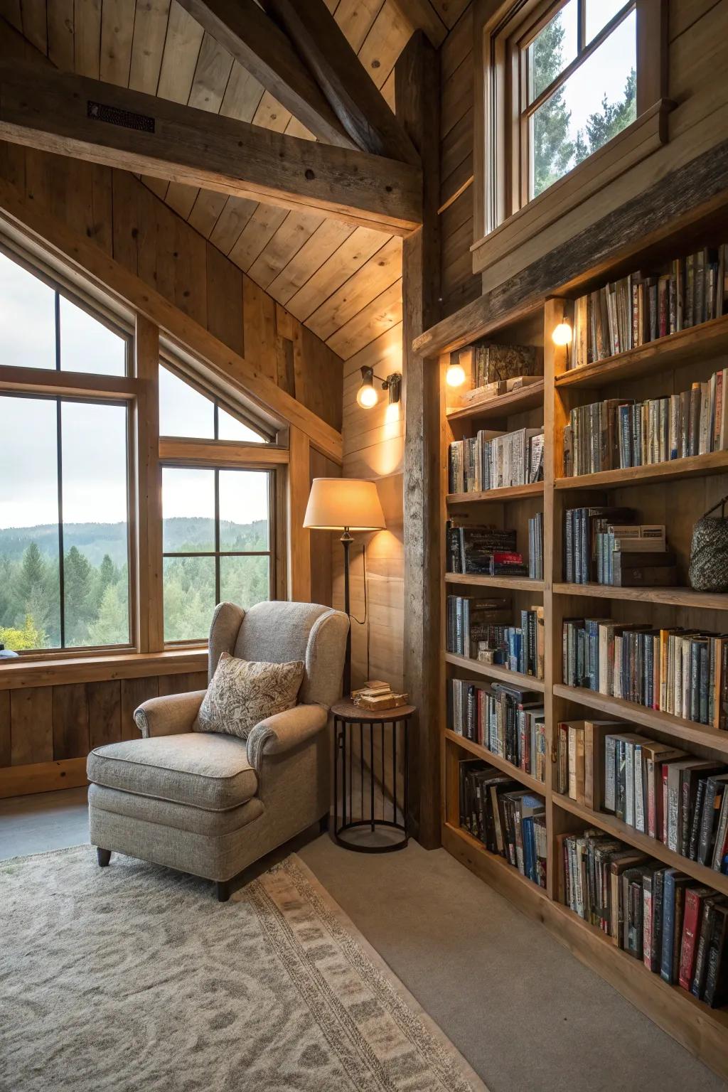 A charming raised retreat serves as a cozy reading alcove in this barndominium.