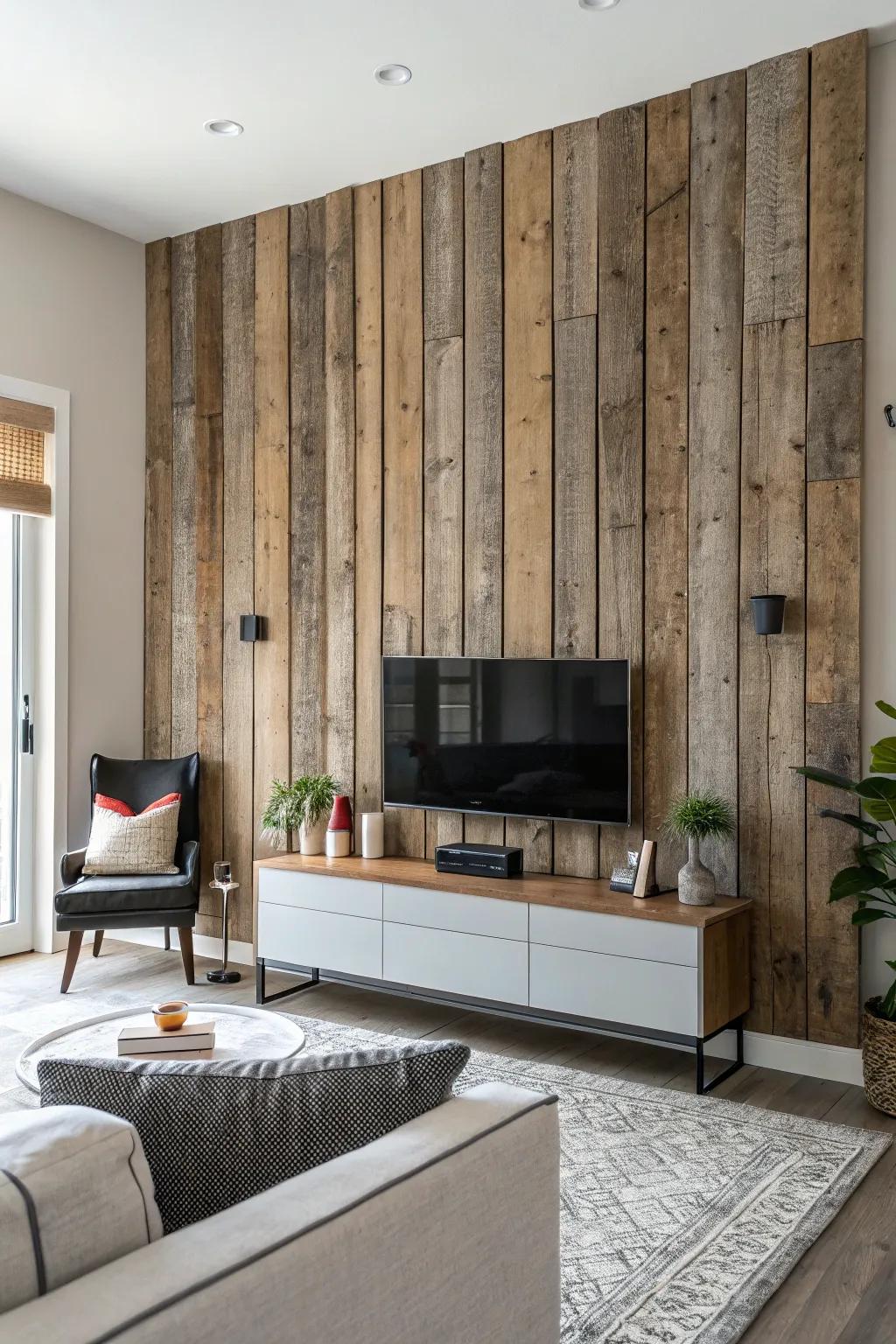 Vertical barnwood planks creating a dramatic backdrop.