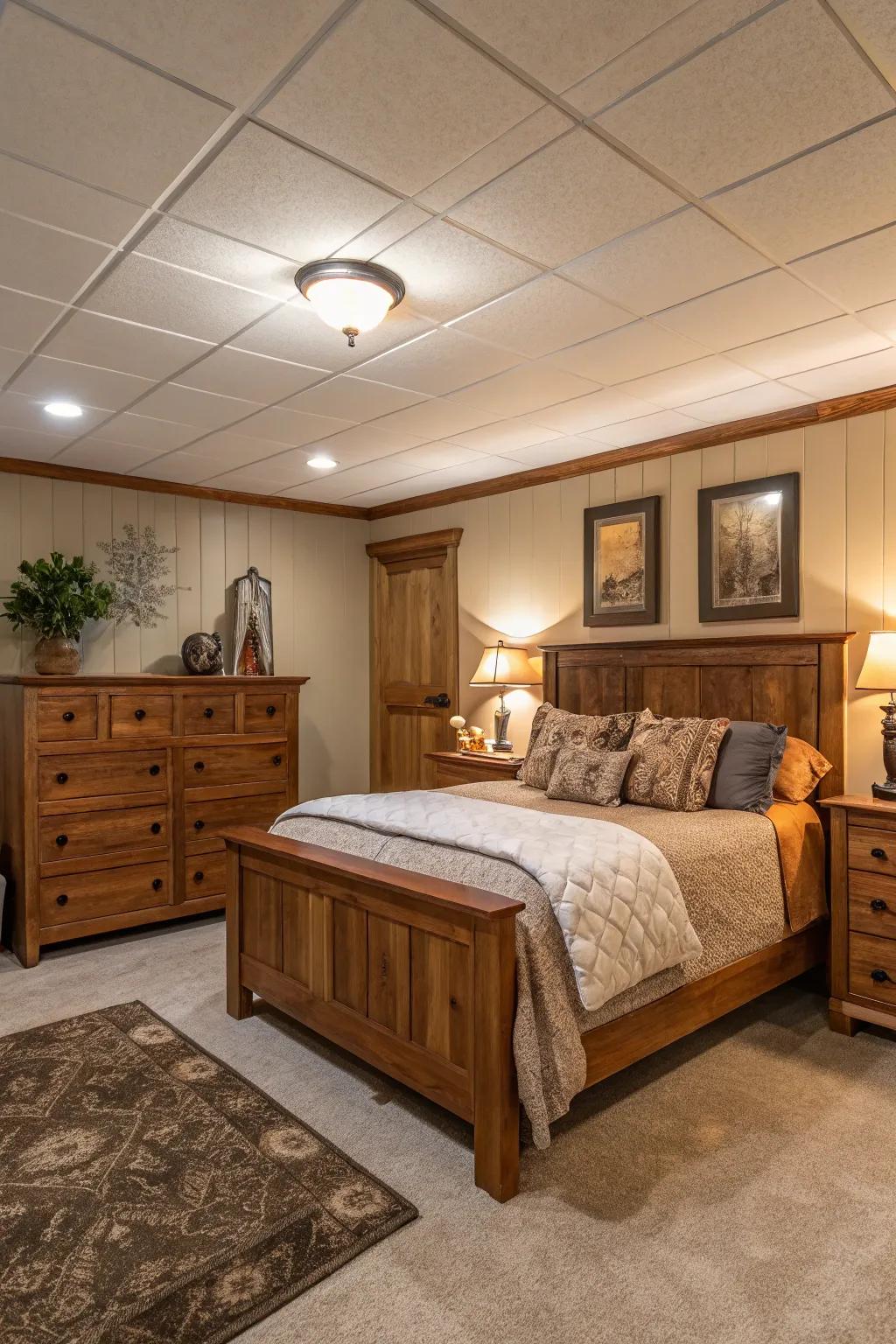 Warm wood accents can notably enhance the comfort of your basement bedroom.