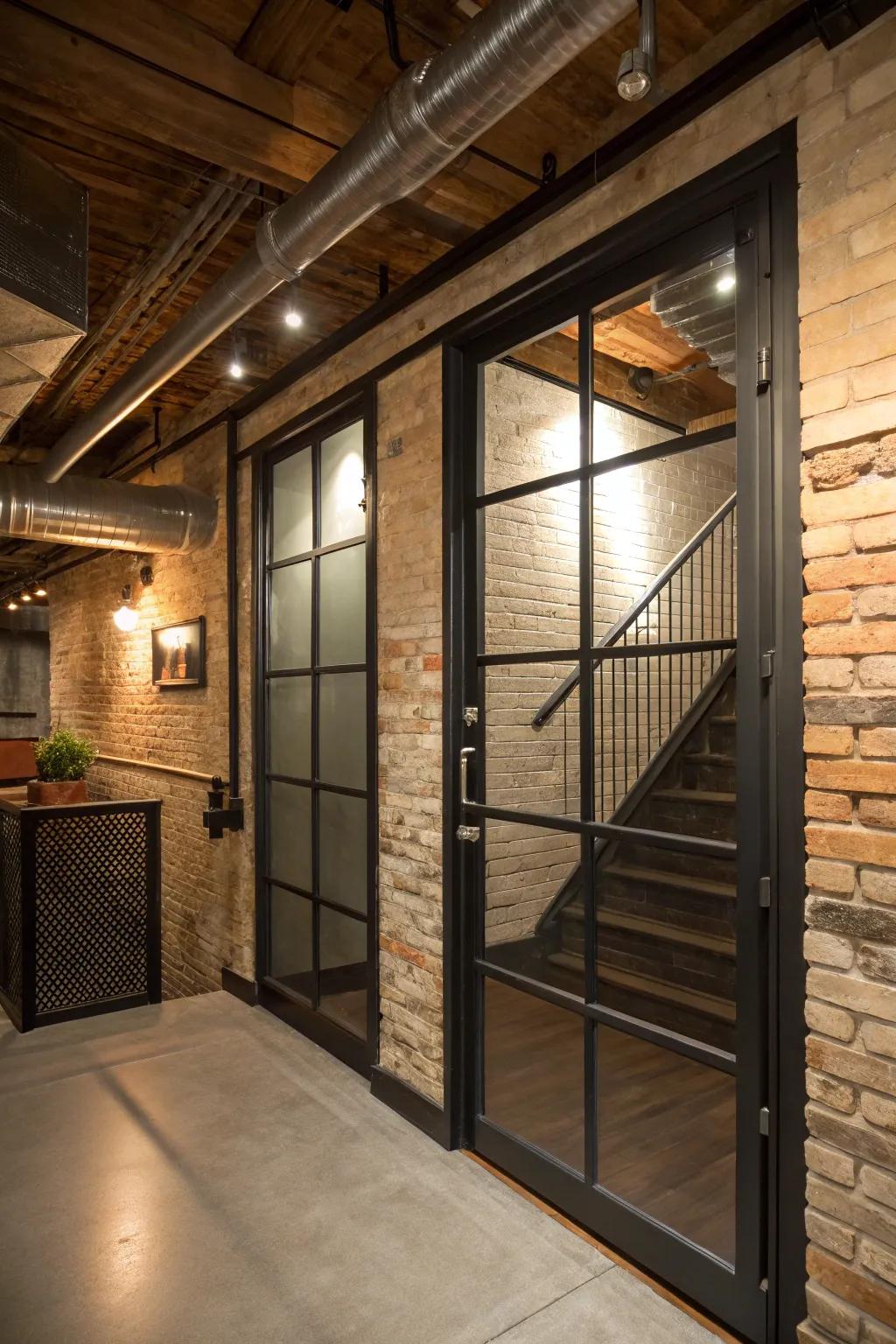 An industrial-style door contributes a contemporary edge to the basement entrance.