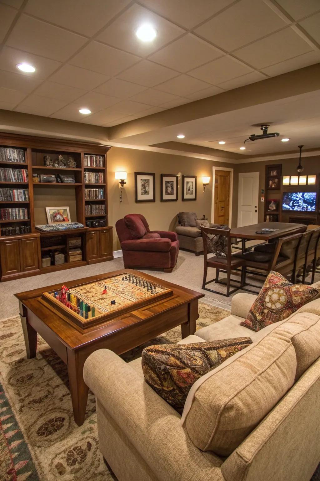 A game area adds a playful touch to this family basement.