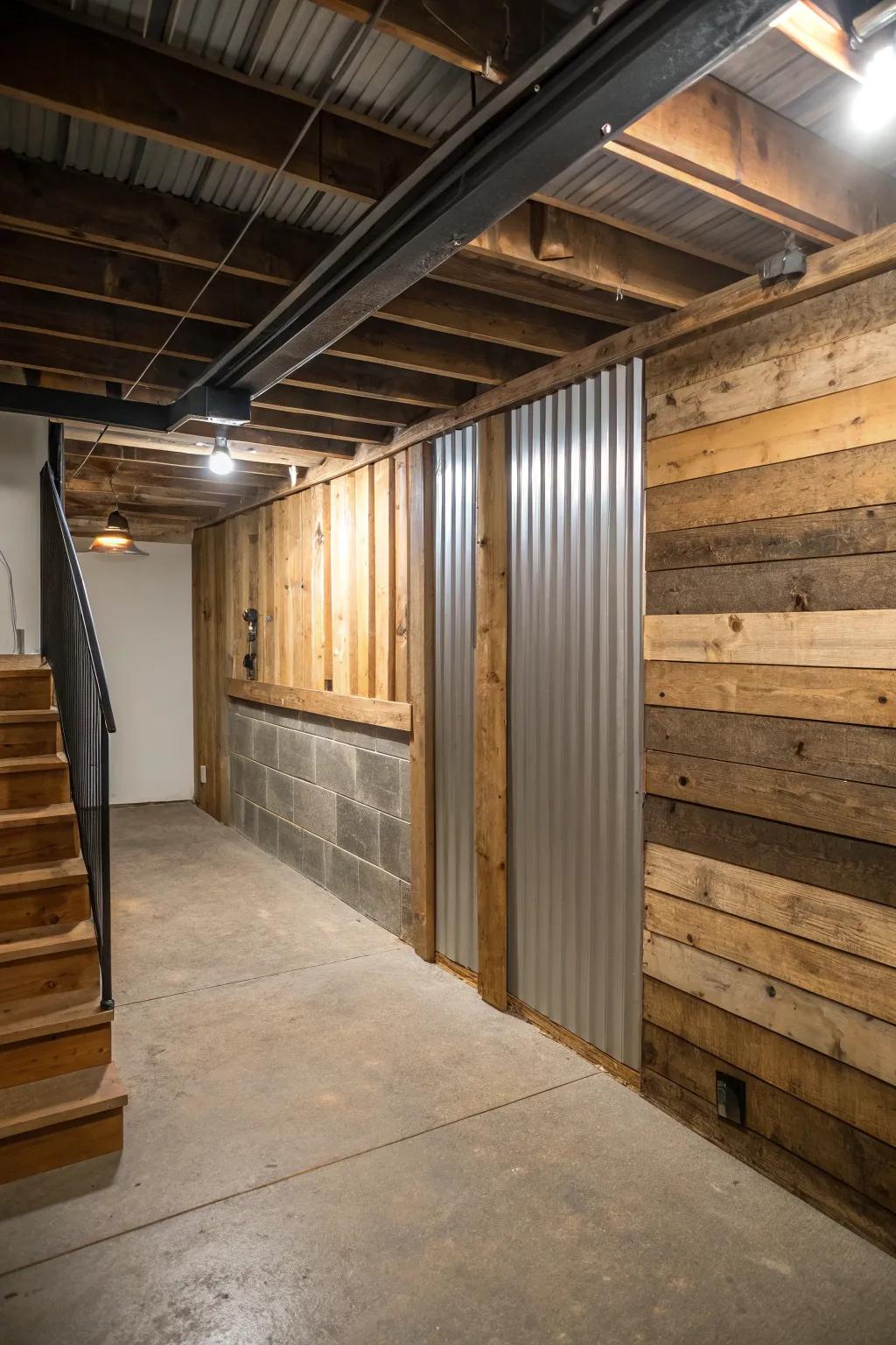 Mixing materials creates a unique and industrial look for basement spaces.