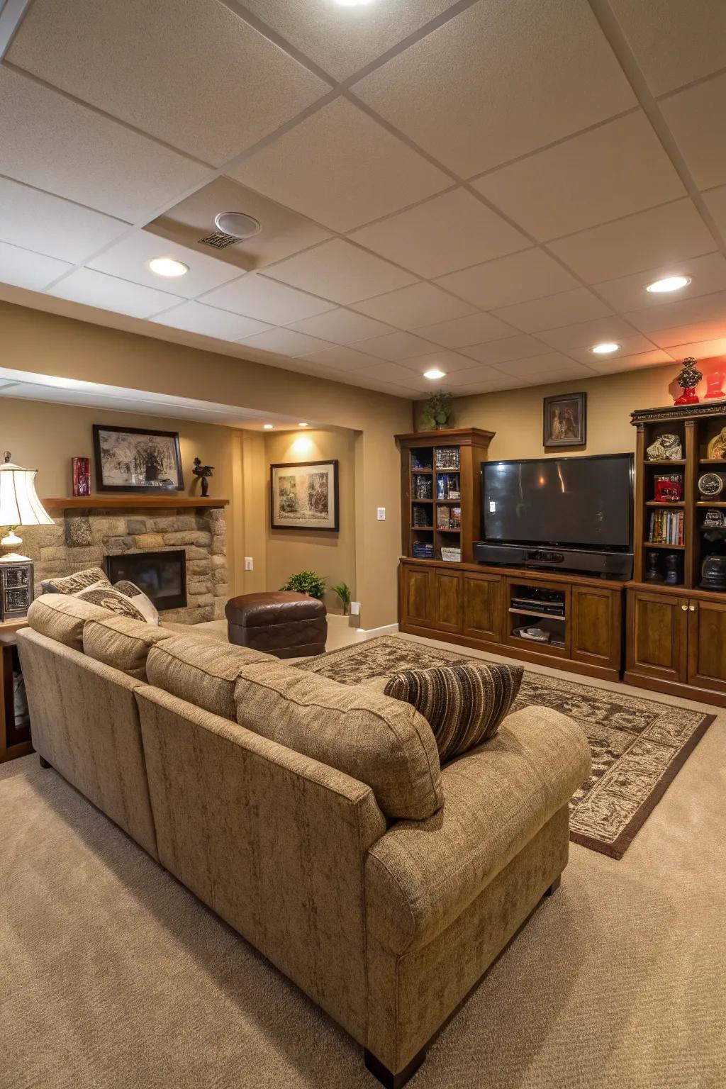 A welcoming, open-concept family space is apparent in the basement, featuring a grand sectional.