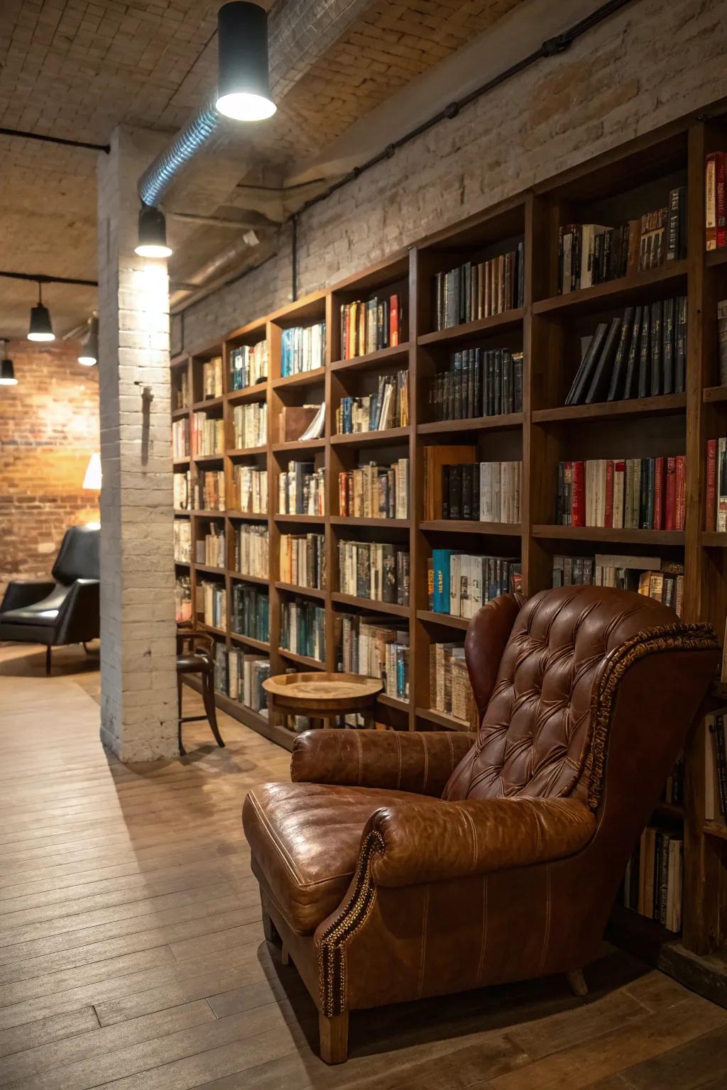 Library-inspired shelving transforms your basement into a cozy book lover&rsquo;s retreat.
