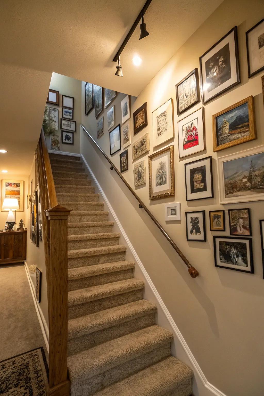 A gallery wall appends persona to the stairwell.