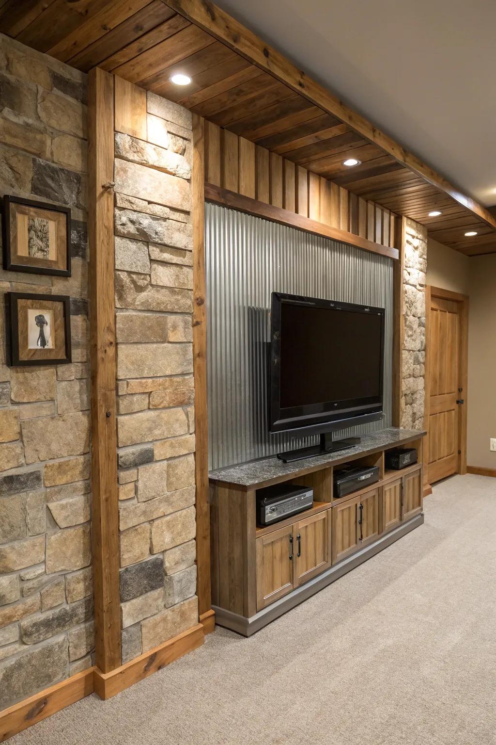 A basement TV feature showcasing a combination of timber, rock, and metallic elements for a diverse and stylish presentation.