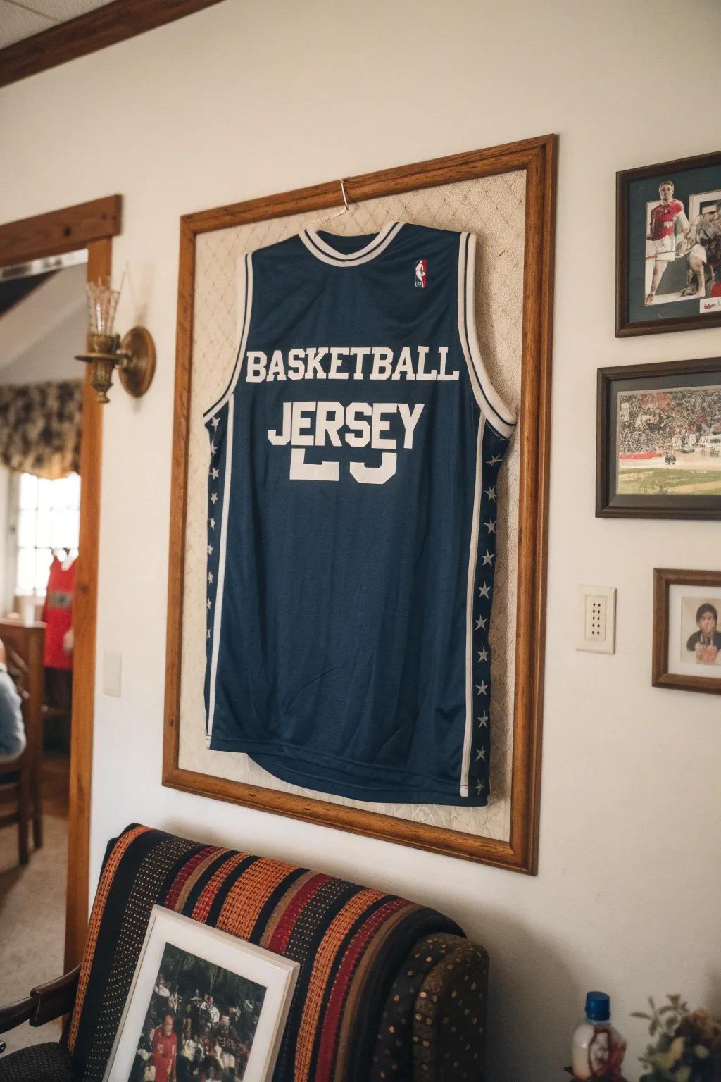 A personalized jersey imparts a motivational touch to the decor.