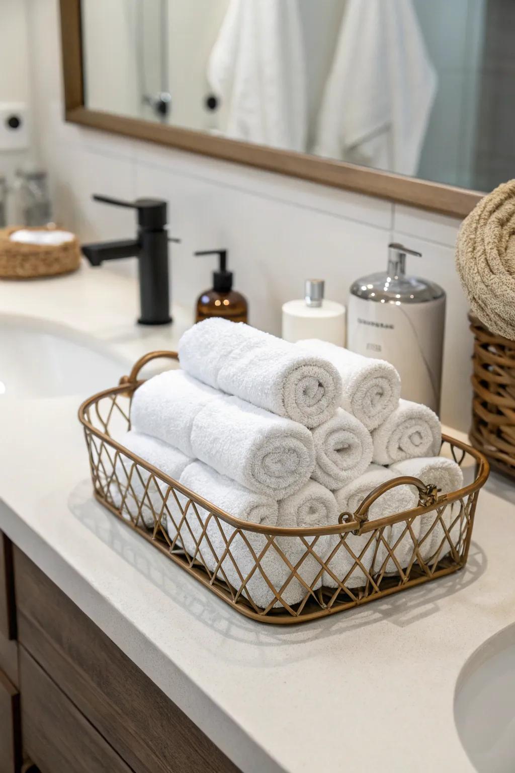 Textiles enrich warmth and texture to your bathroom counter.