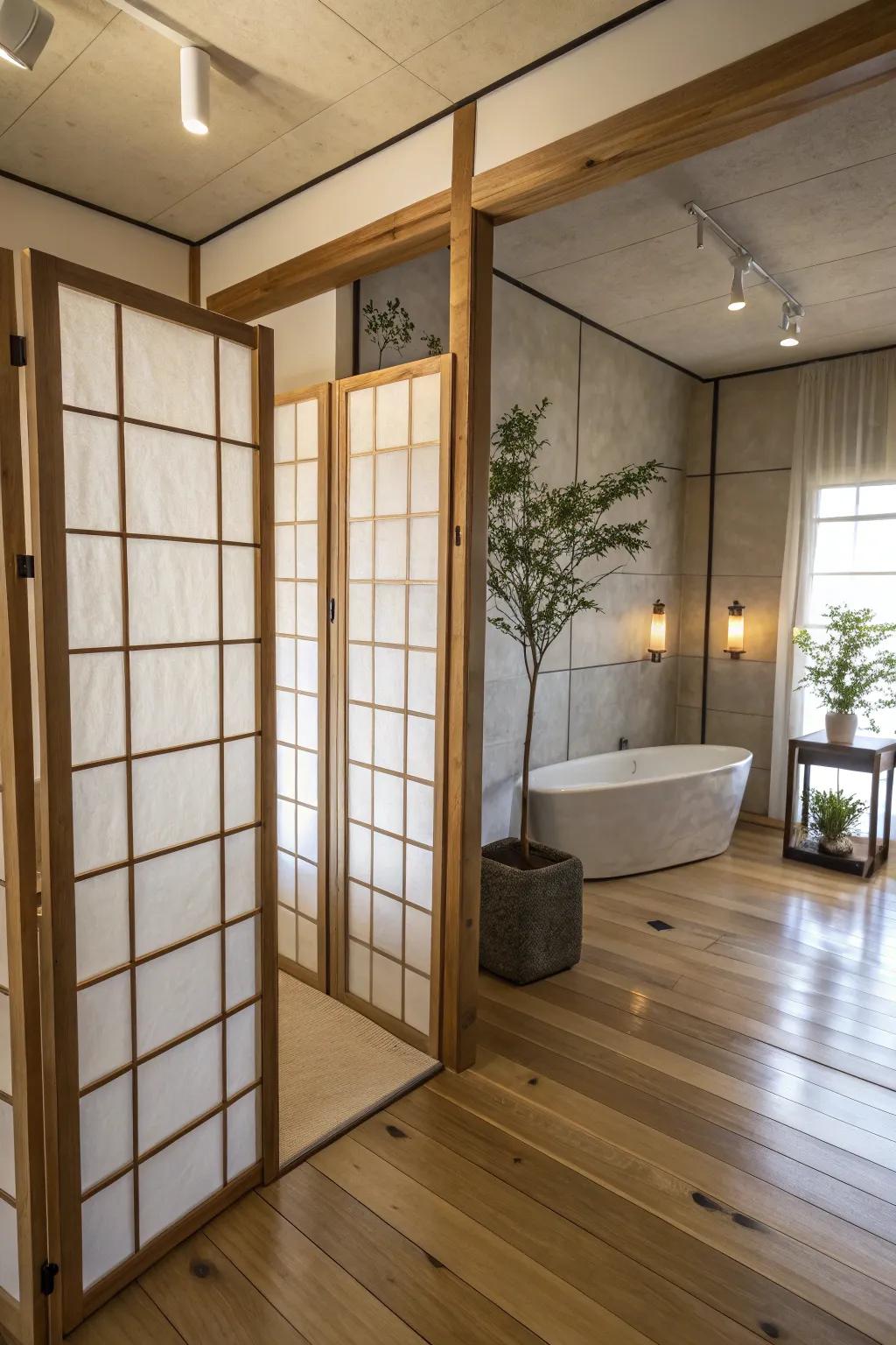 Shoji screens introduce a serene, Eastern-inspired design.