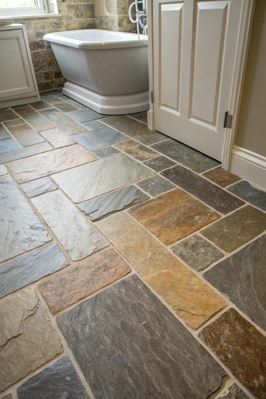 Slate tiling extends a rustic, terrestrial aesthetic for your restroom.