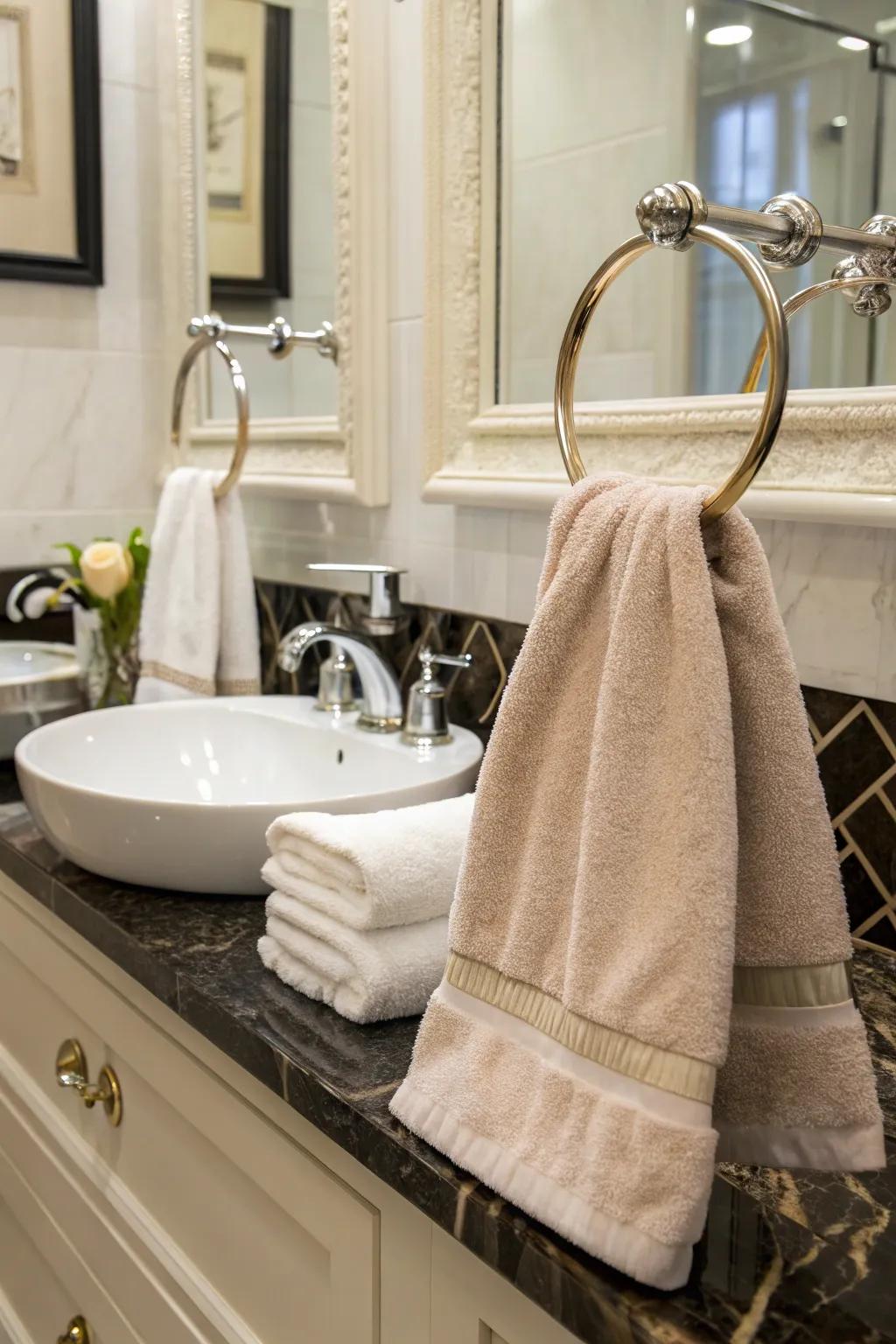 Towel rings add a sophisticated touch to hand towel displays.