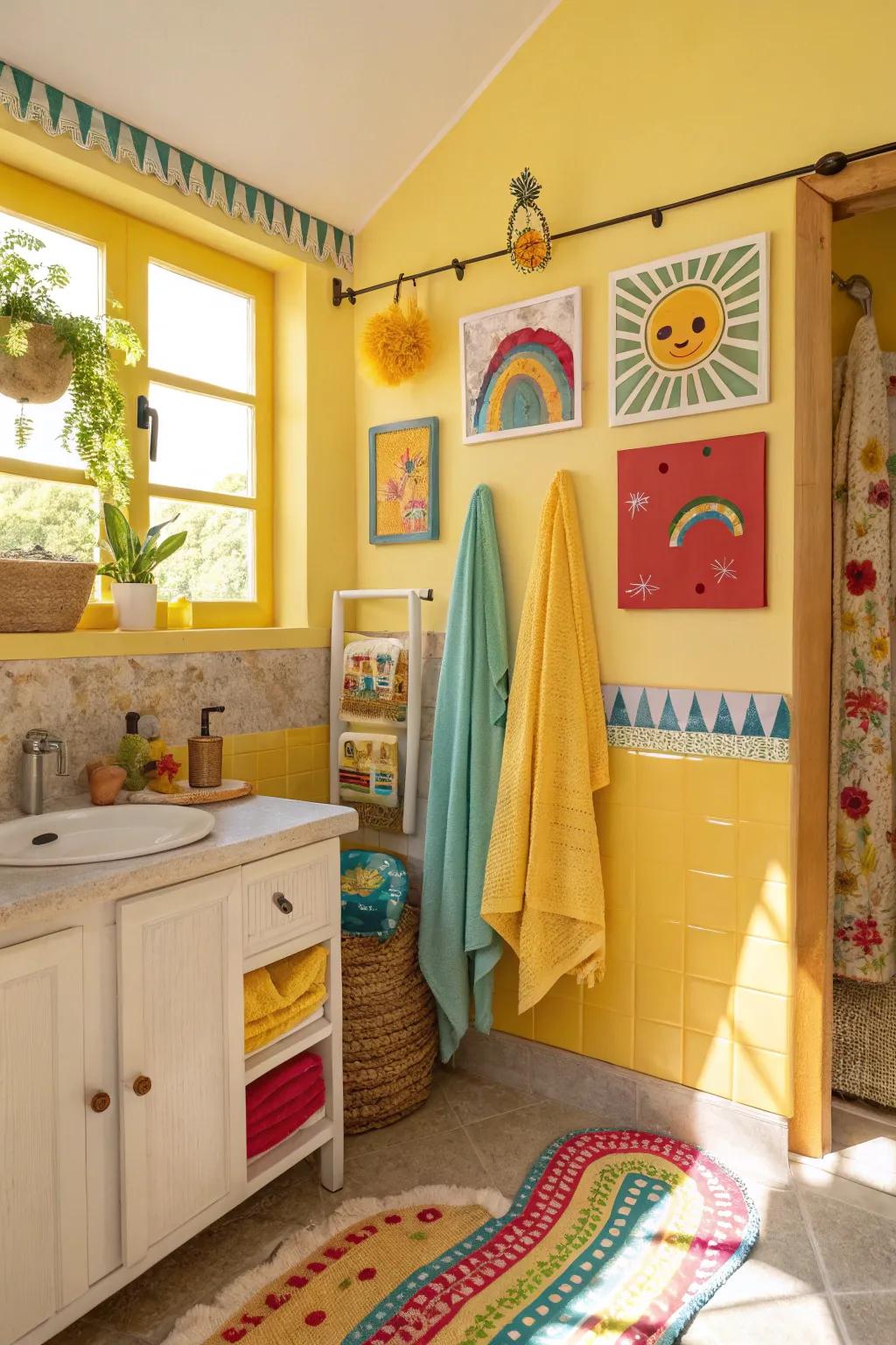 Bright yellow walls bring a happy vibe to the bathroom.