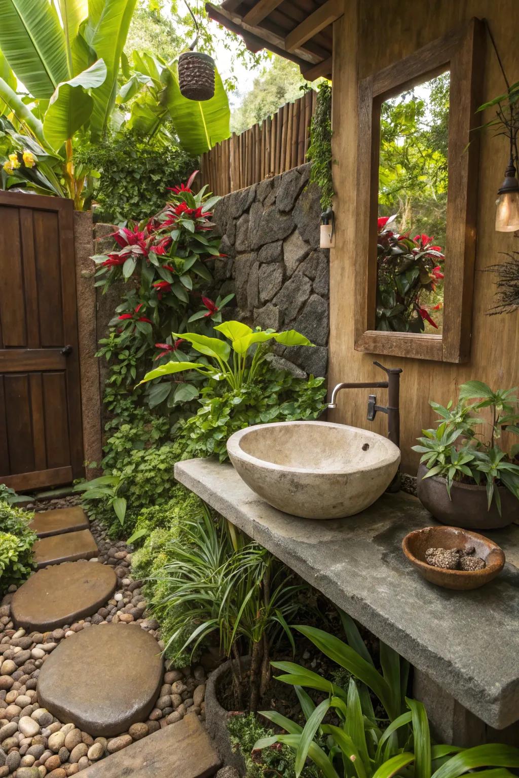 A nature-inspired bathroom sink creates a refreshing vibe.