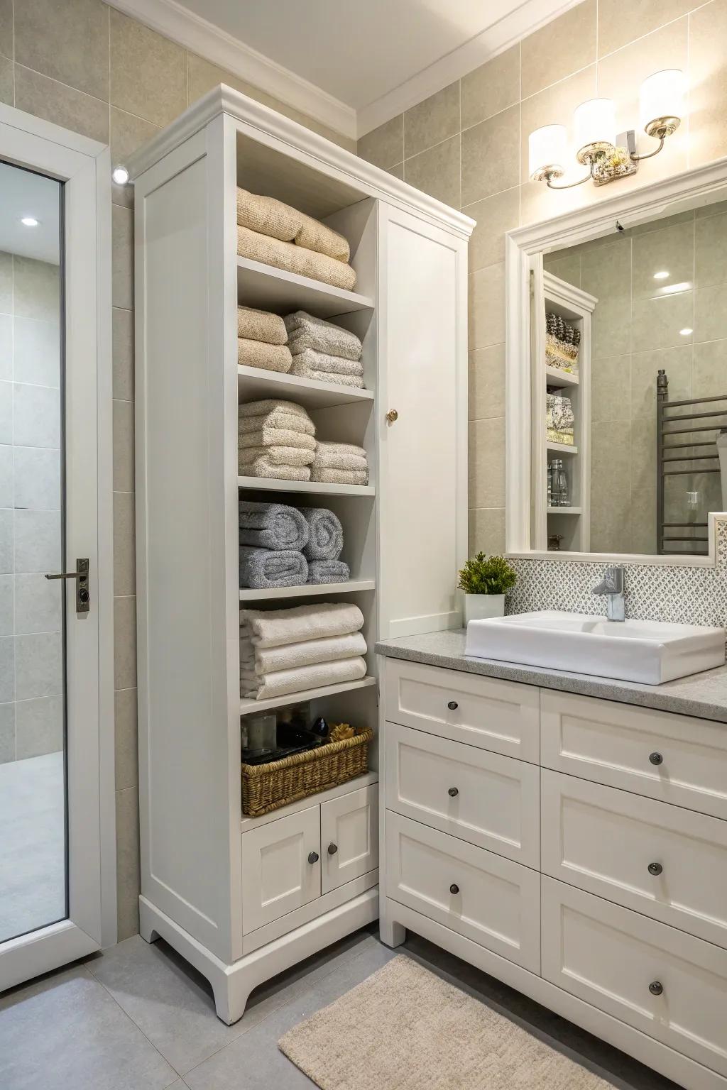 Linen cabinets offer spacious and integrated towel storage.