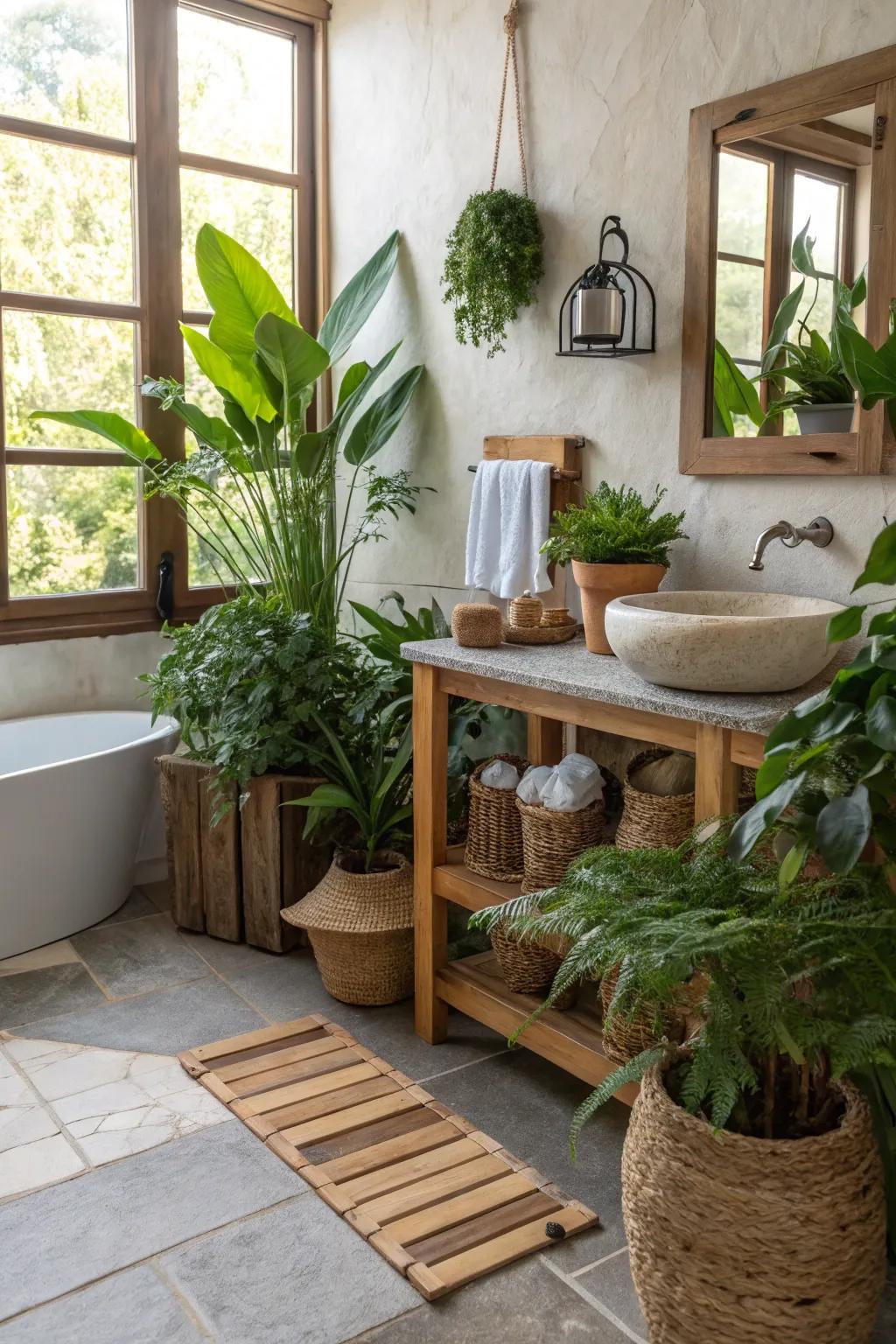 Plants add vibrancy and freshness to bathroom walls.