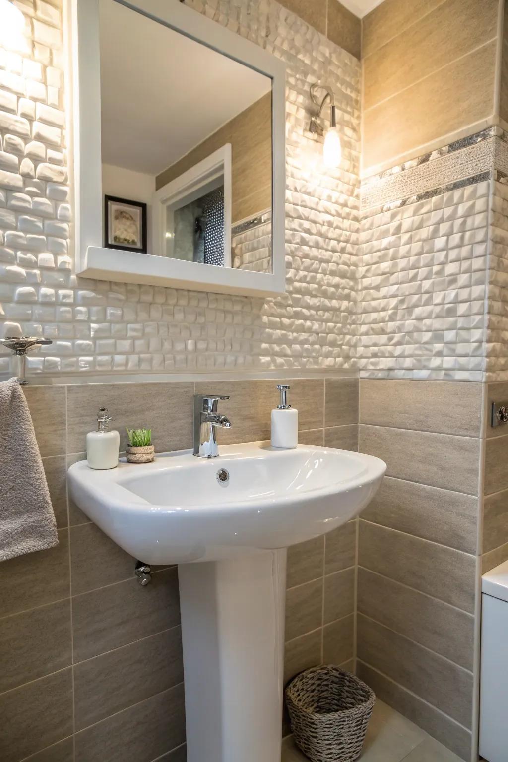 Layered tiles introduce dimension and interest to your bathroom.