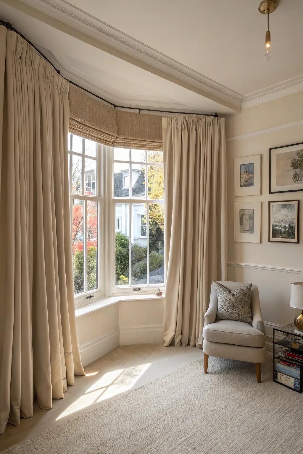 Minimalist curtains provide a clean and cohesive look for bay windows.