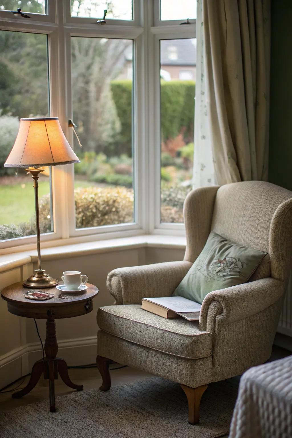 Relax with a book in a romantic reading spot situated by your bay window.