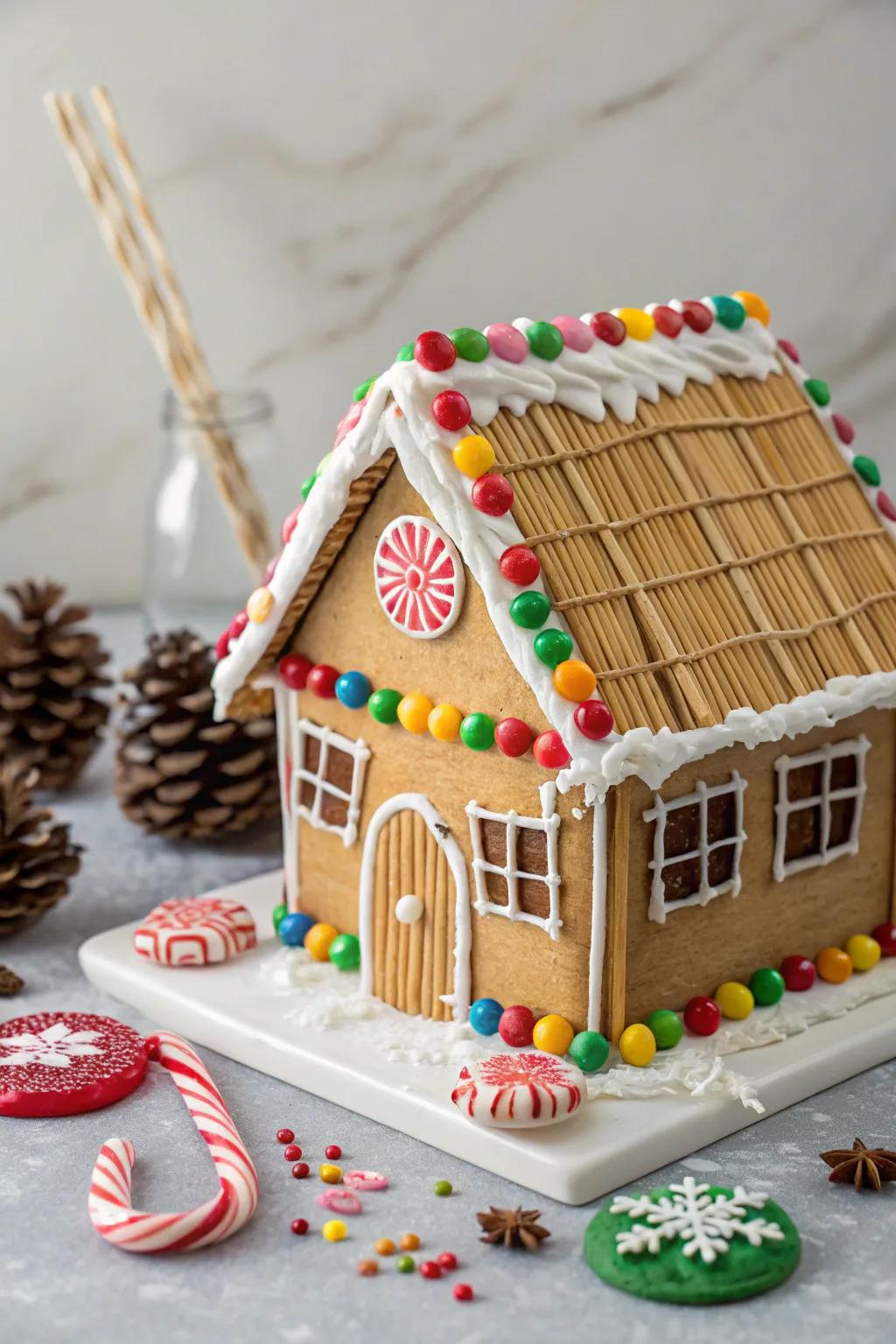 Rustic bamboo blinds fashioned from pretzel sticks.