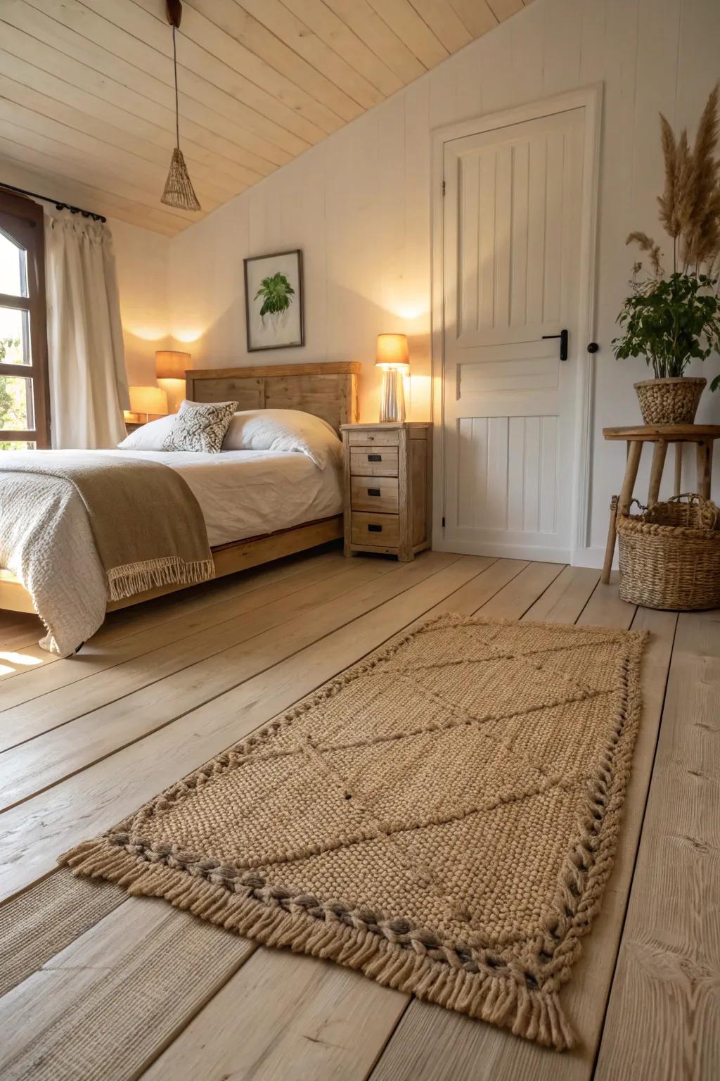 Textured floor coverings offer a grounding connection to the beach.