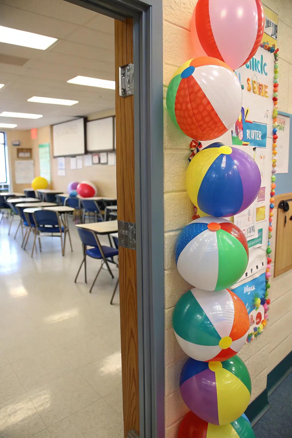 A classroom door animated with radiant beach sphere embellishments.