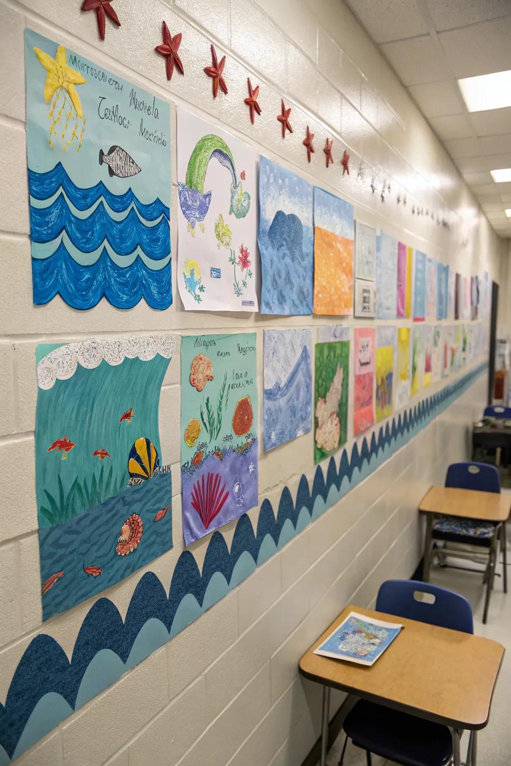An art wall featuring ocean-inspired student creations adds a personal and dynamic touch to the classroom.