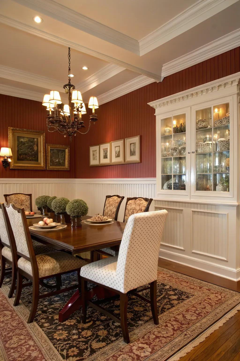 An upscale dining area featuring striking beadboard walls.
