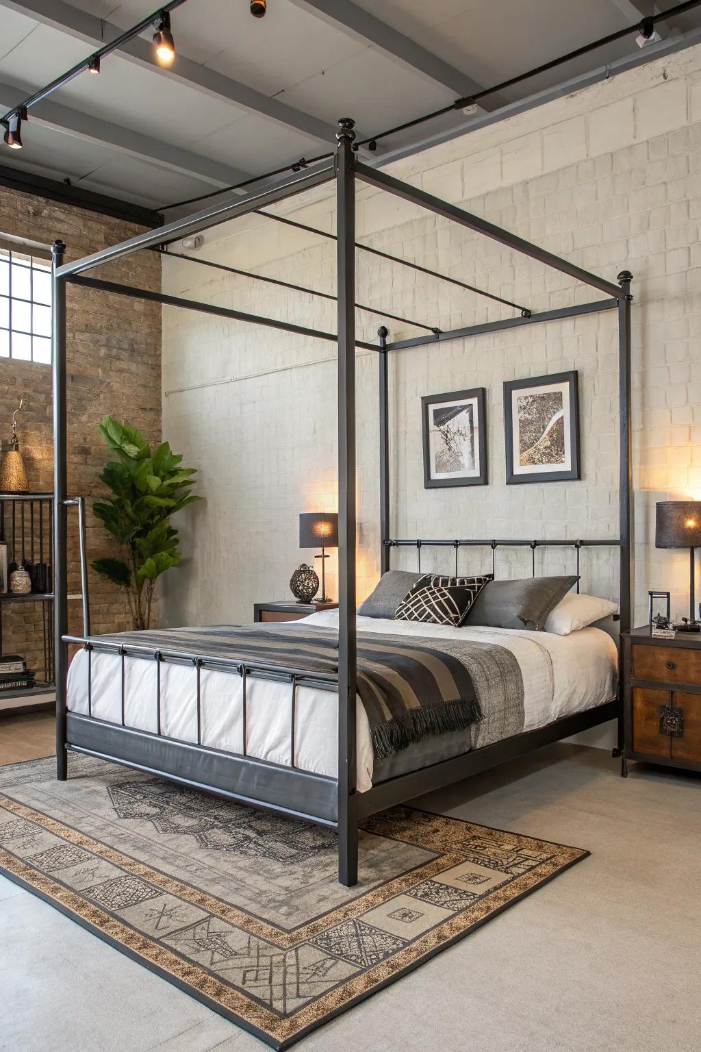 A heavy-duty steel bed frame makes a bold, modern statement.