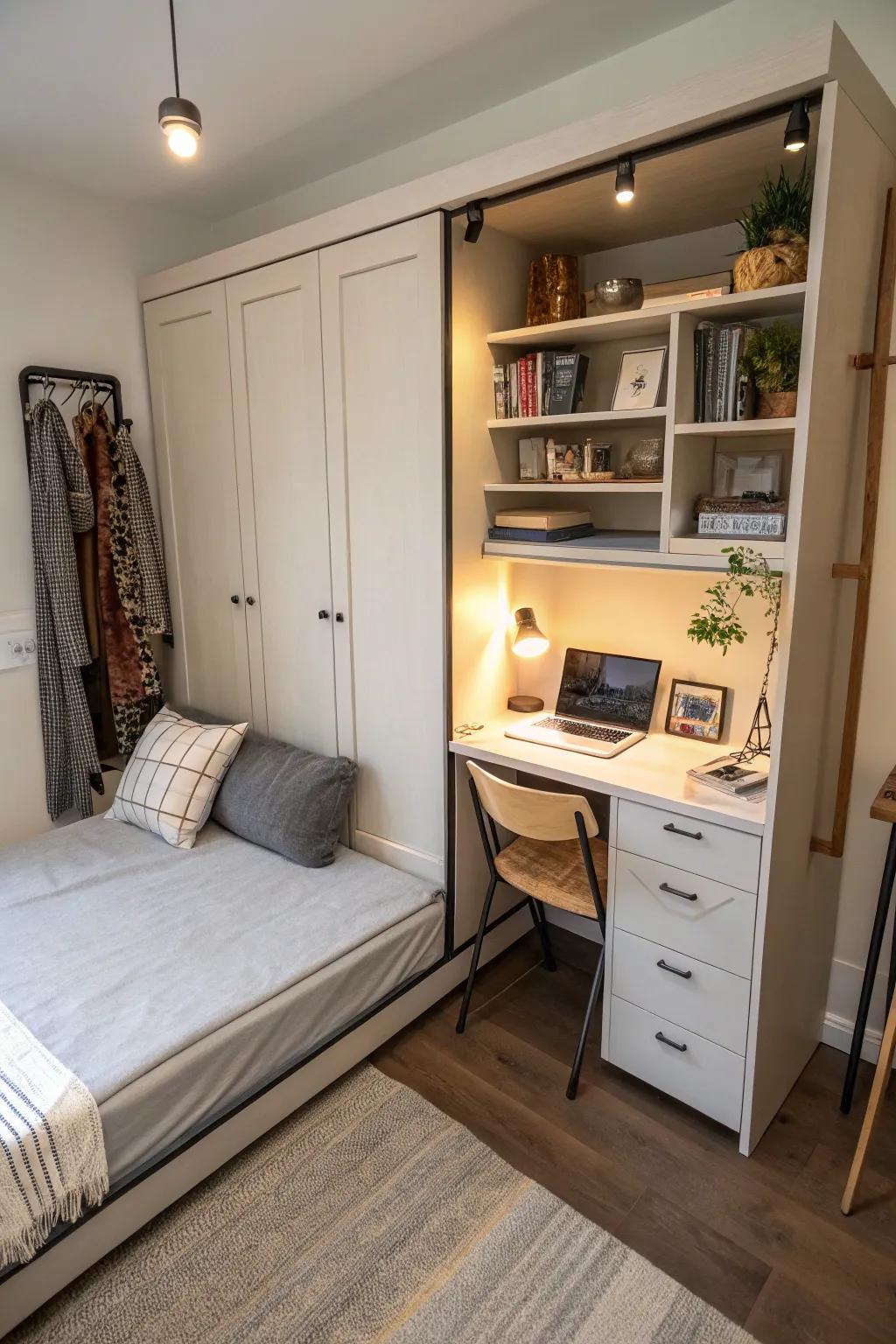 A hinged desk introduces functionality to your closet bed space.