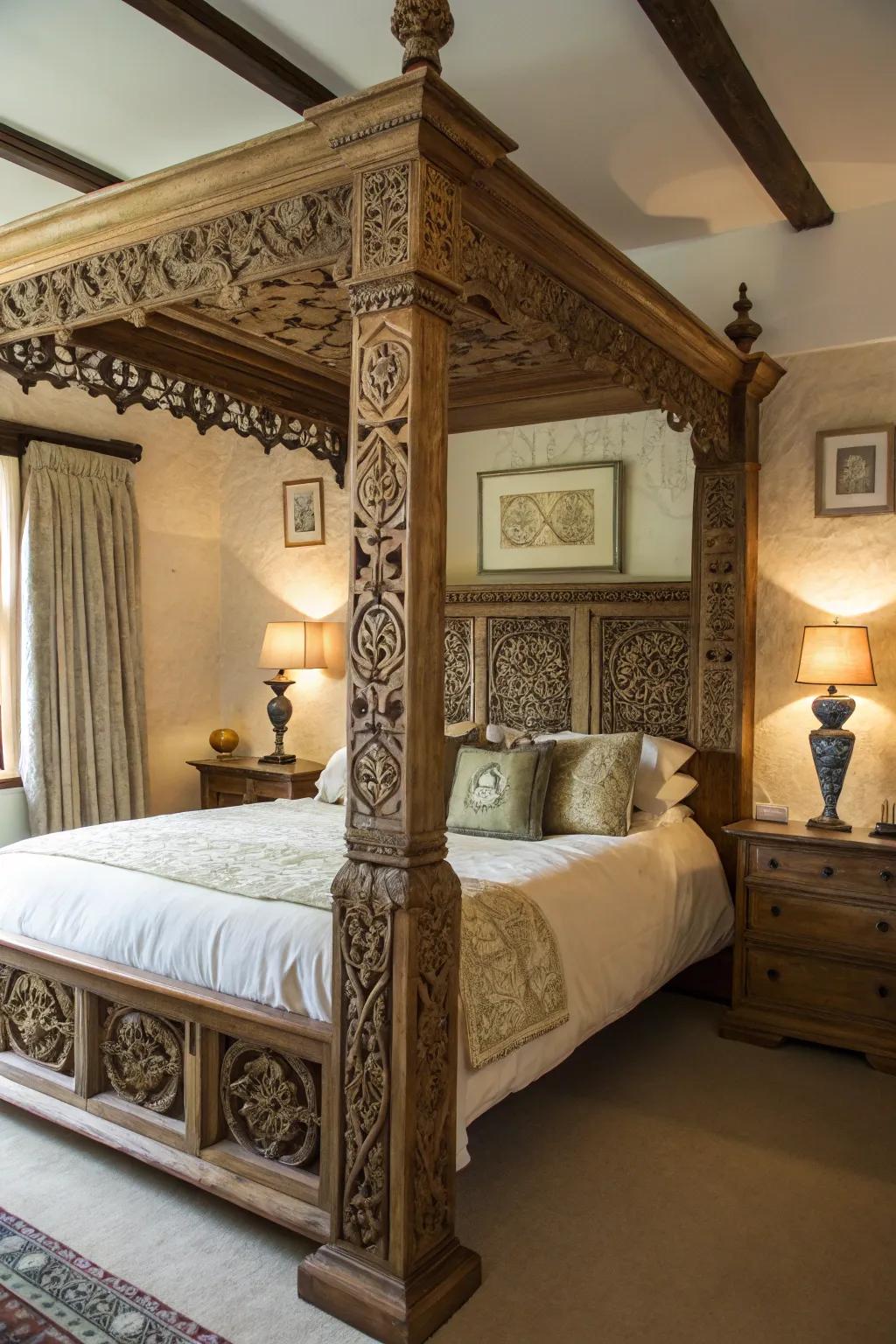 Detailed sculptures on bedposts add grandeur and historical charm.
