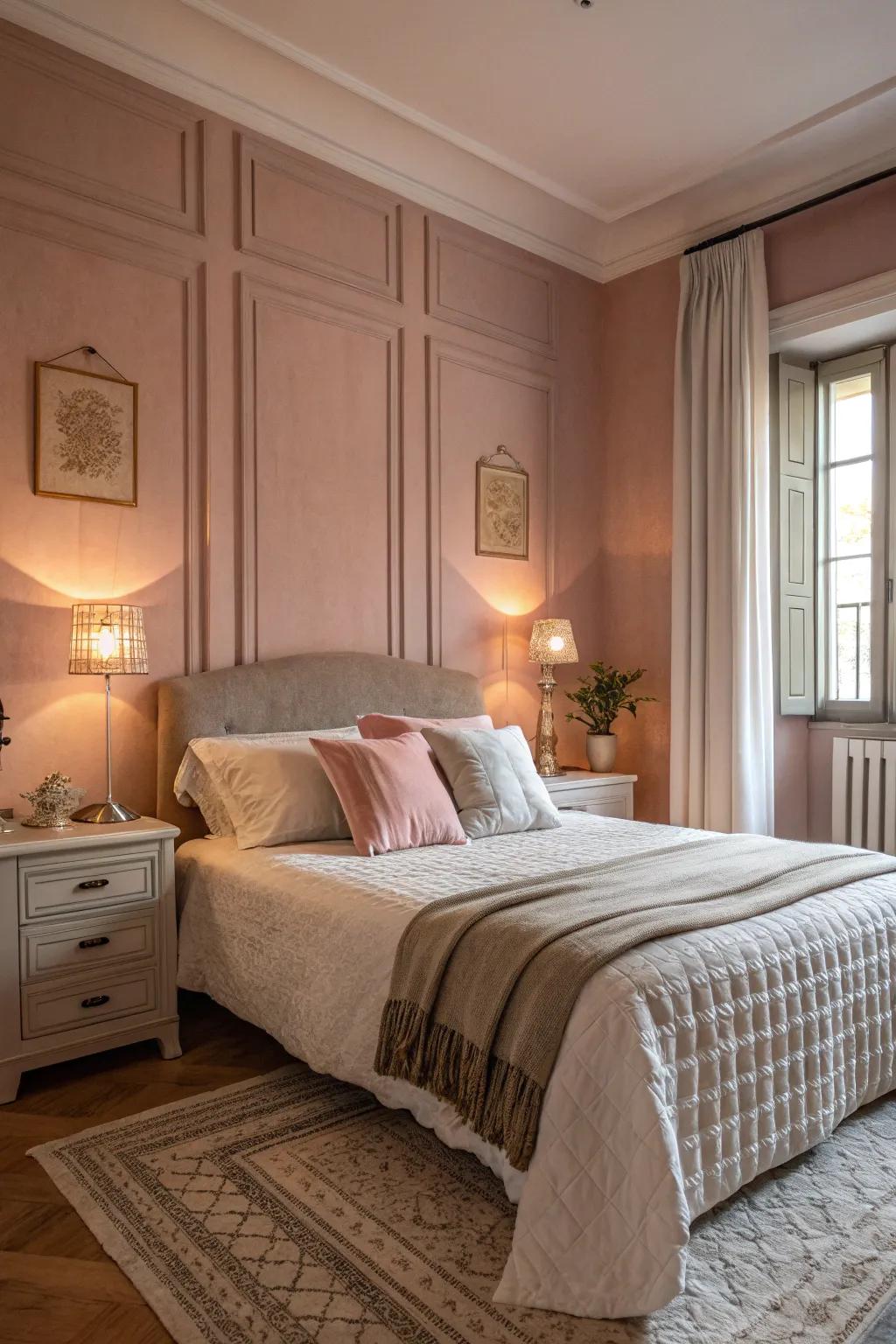 Subtle pinks fashion a calming and comforting bedroom atmosphere.
