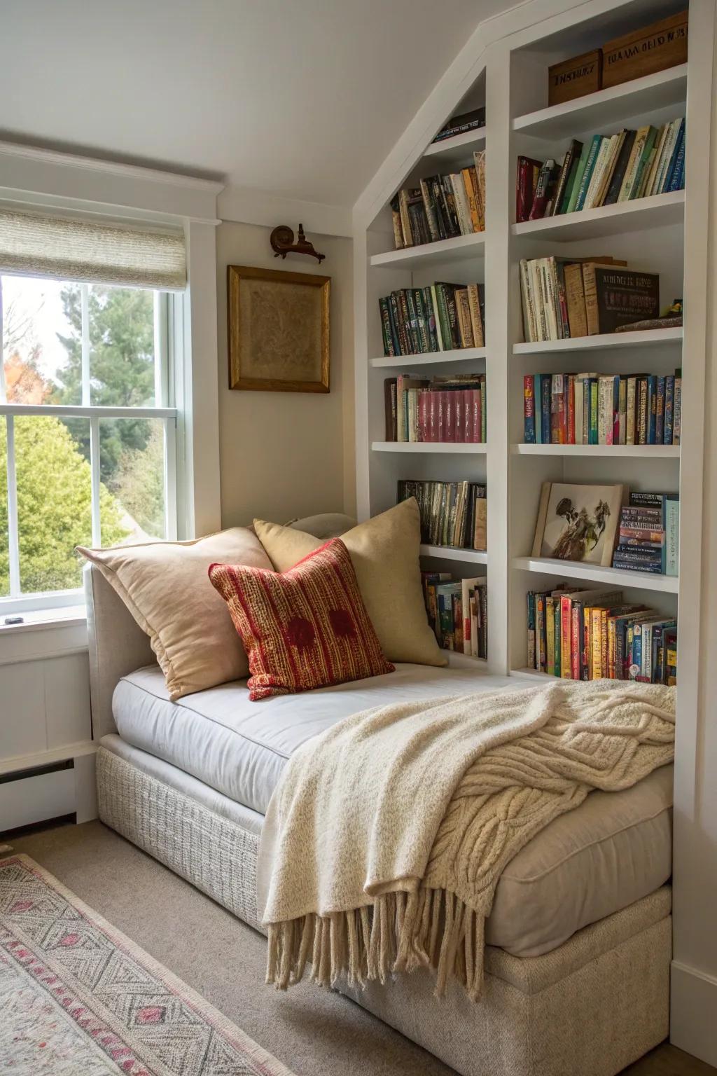 A plush reading settee in a bedroom, ideal for book enthusiasts.